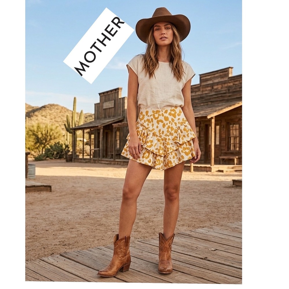 Mother Denim The Ruffle Mini Skirt Yellow White Animal Print Size 25